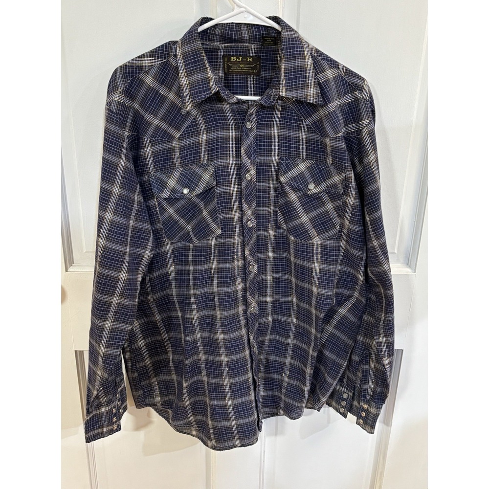 70s-80s Vintage BJ-R Western Pearl Snap Long Sleeve Shirt Blue With Gold Shine L